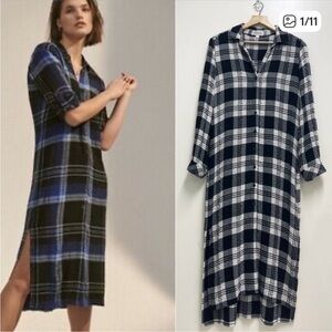Cloth and Stone Plaid Button Front Shirt Duster Maxi Dress Black White Small
